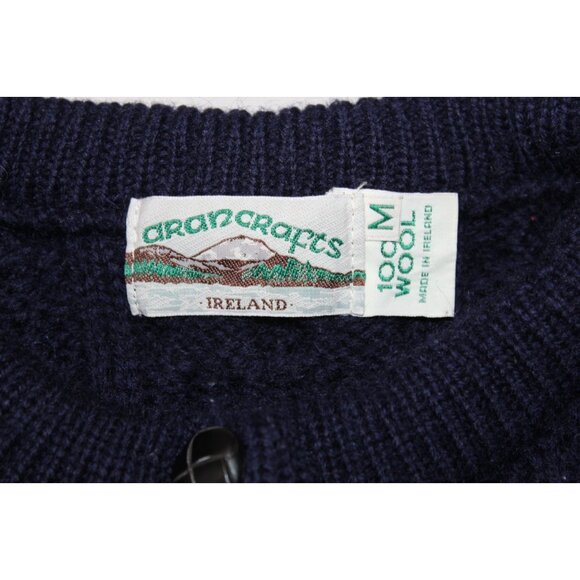 Aran Crafts Ireland Sweater Blue Chunky Fishermans Wool Cable Knit Cardigan Sz M - Picture 2 of 5